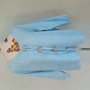 CLICK by Color me cotton 100% linen baby blue top. 3/4 sleeve.  Size is Large.